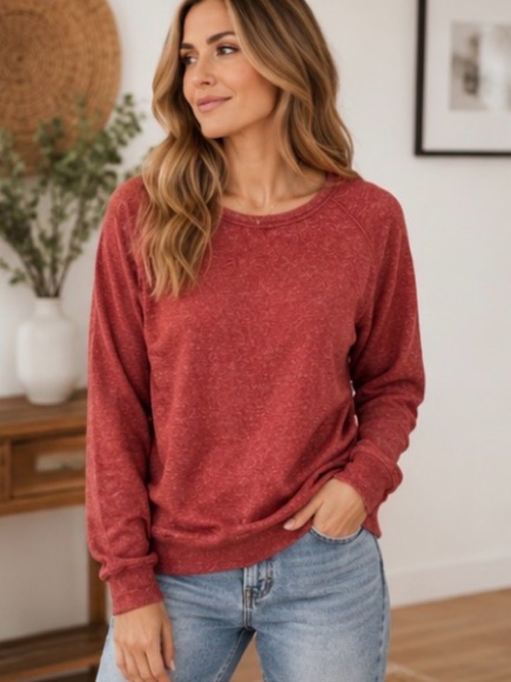 Buffalo David Bitton Women's Heathered Red Crewneck Sweater Sz Medium Cozycore